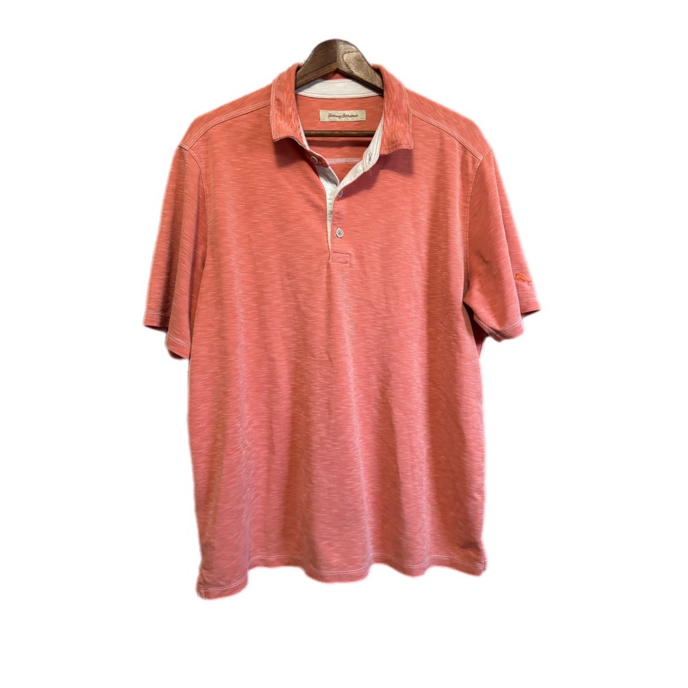 Tommy Bahama Polo Shirt Mens XL Coral Orange‎ Good Slub Knit Marlin Logo